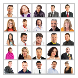 A 5 x 5grid of 25 different people's faces. Old, young, male & female, different ethnicities.